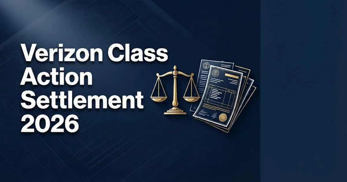 Verizon class action settlement 2026 hero banner with gold scales of justice and billing documents on navy background