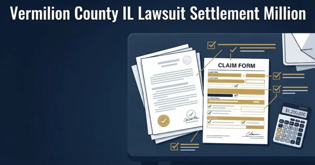 Vermilion County IL lawsuit settlement million claim filing graphic with legal documents and calculator on navy background