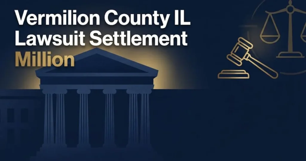 Vermilion County IL lawsuit settlement million dollar case banner with courthouse silhouette and legal symbols in navy and gold