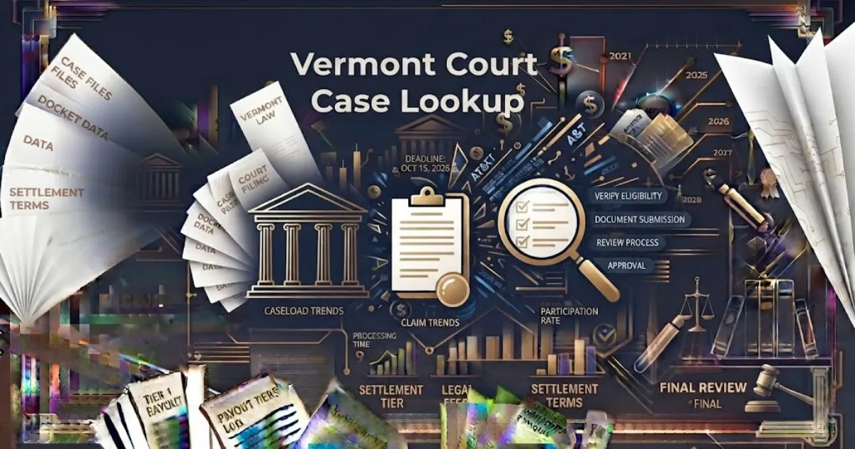 Vermont court case lookup hero banner with courthouse silhouette and legal document icons on navy background