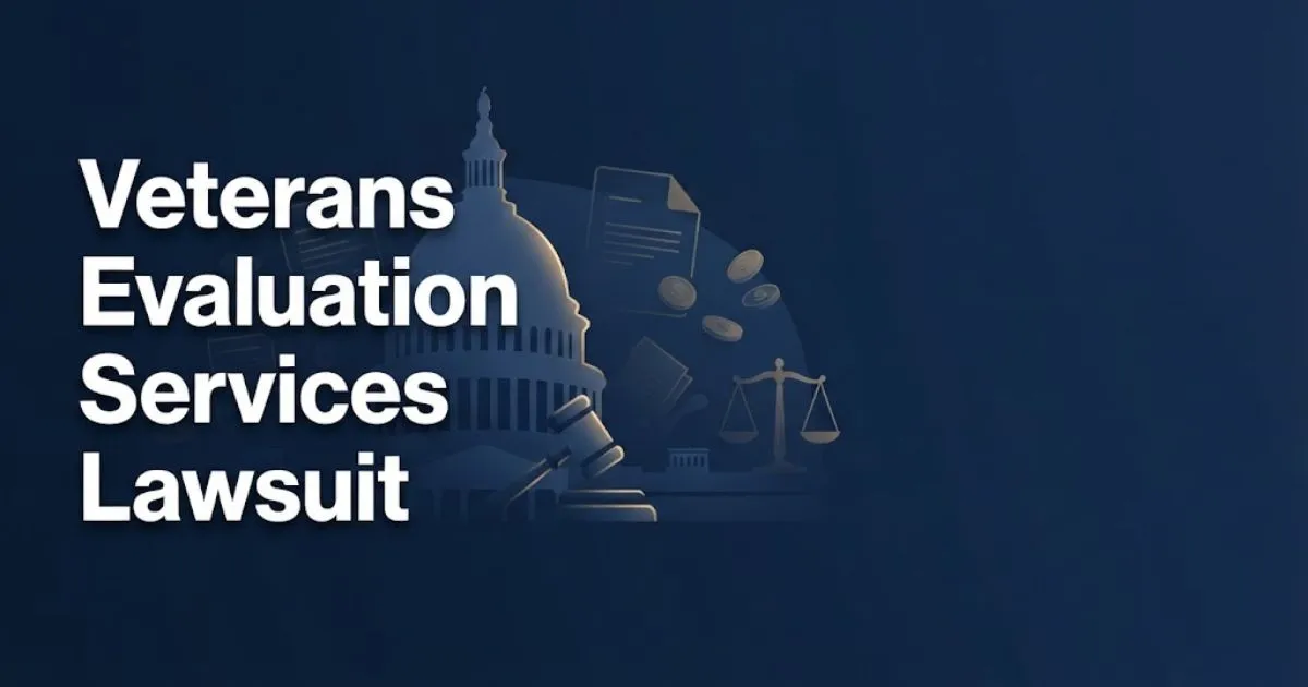 Veterans evaluation services lawsuit banner with gavel and Capitol silhouette in navy and gold