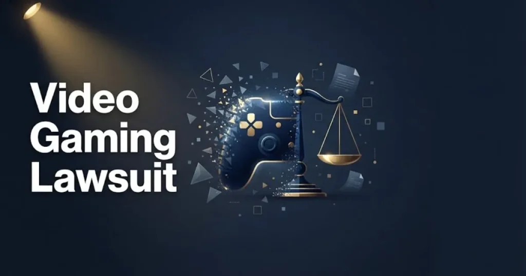 Video gaming lawsuit hero banner with controller and scales of justice in navy and gold