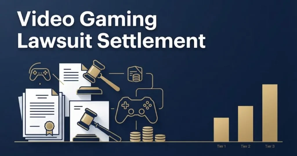 Video gaming lawsuit settlement graphic with legal documents and gaming icons in navy