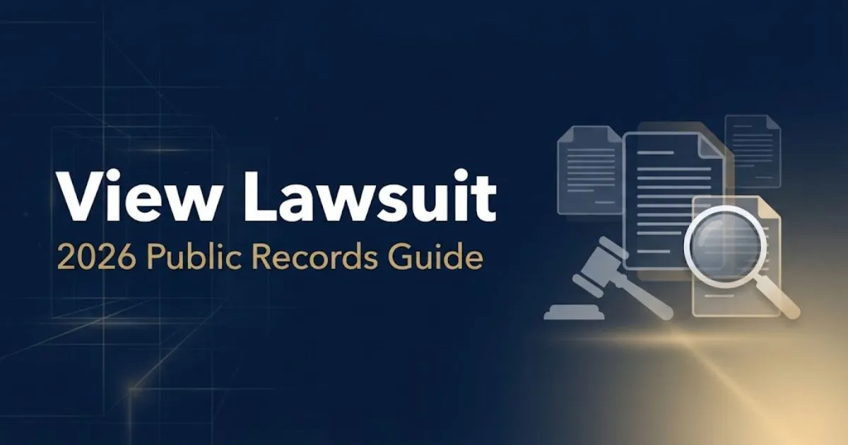 View lawsuit records search guide banner with legal document icons and gold accents on navy background
