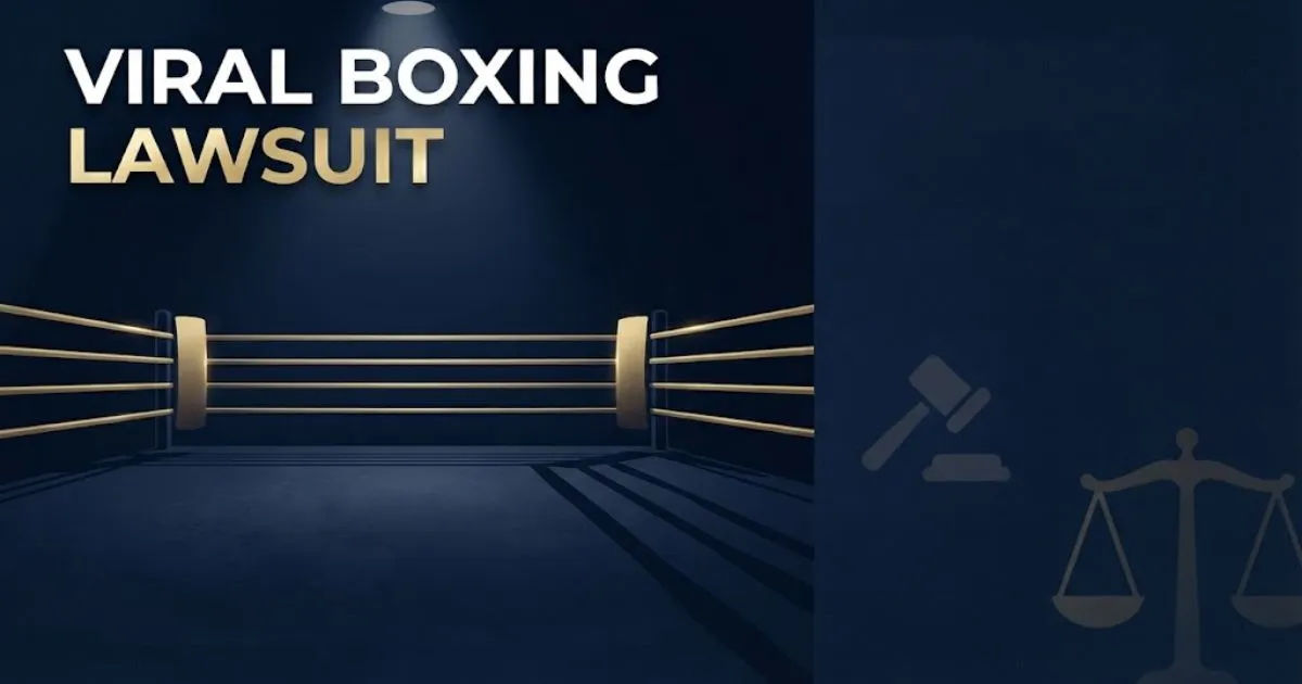 Viral boxing lawsuit hero banner with boxing ring silhouette and legal symbols on dark navy background