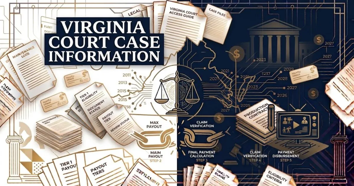 Virginia court case information hero banner with navy blue state outline and gold legal typography on dark background
