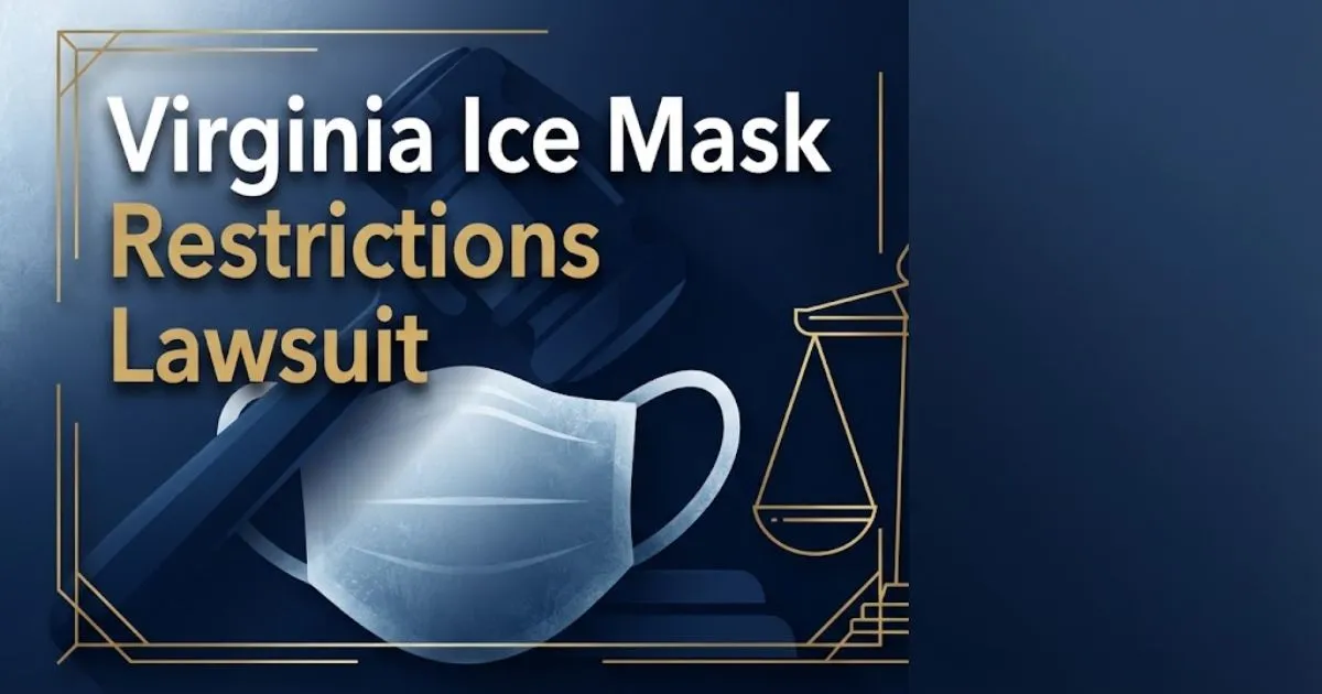 Virginia ice mask restrictions lawsuit hero banner with gavel and frosted mask graphics in navy and gold