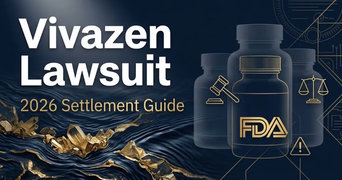 Vivazen lawsuit 2026 hero banner with supplement bottle silhouettes and legal gavel icon on navy background