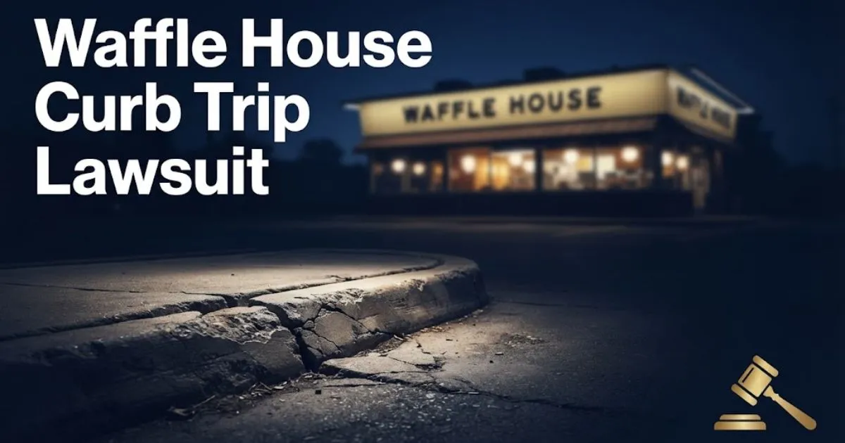 Waffle House curb trip lawsuit hero banner showing cracked parking lot curb at night with legal theme