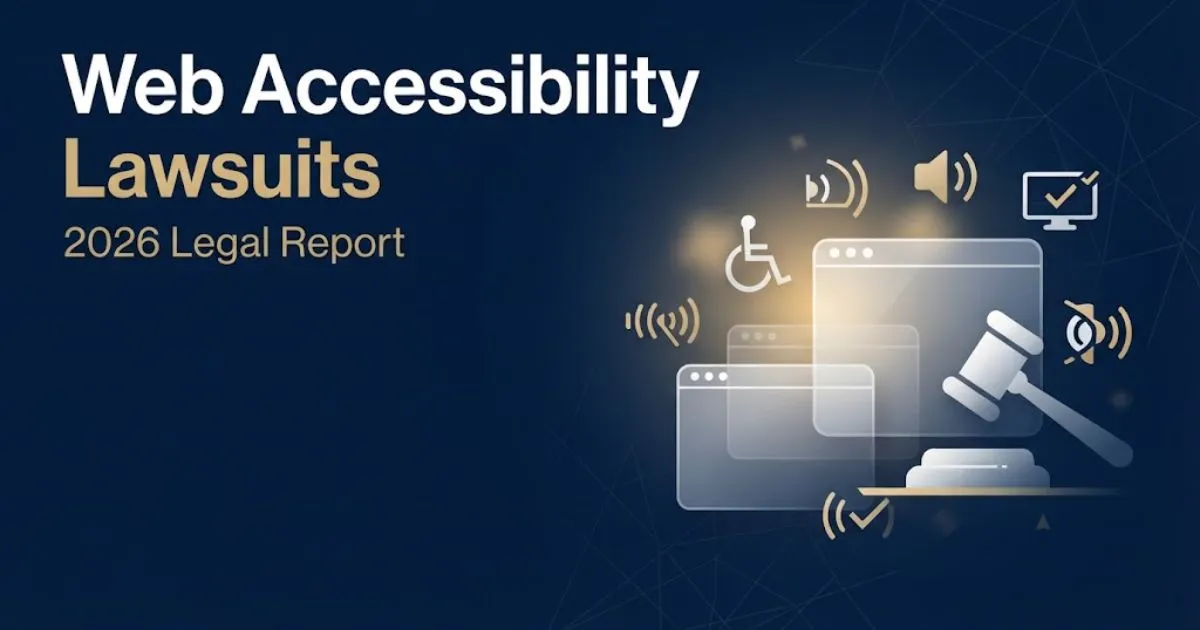 Web accessibility lawsuits hero banner with digital gavel and accessibility icons on navy background