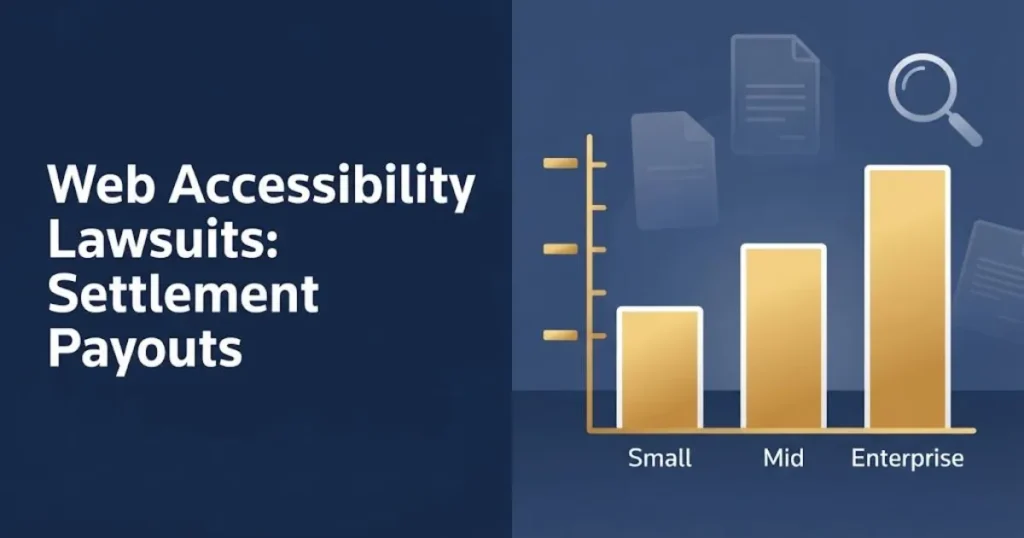 Web accessibility lawsuits settlement payout chart graphic with ascending bar tiers on navy background
