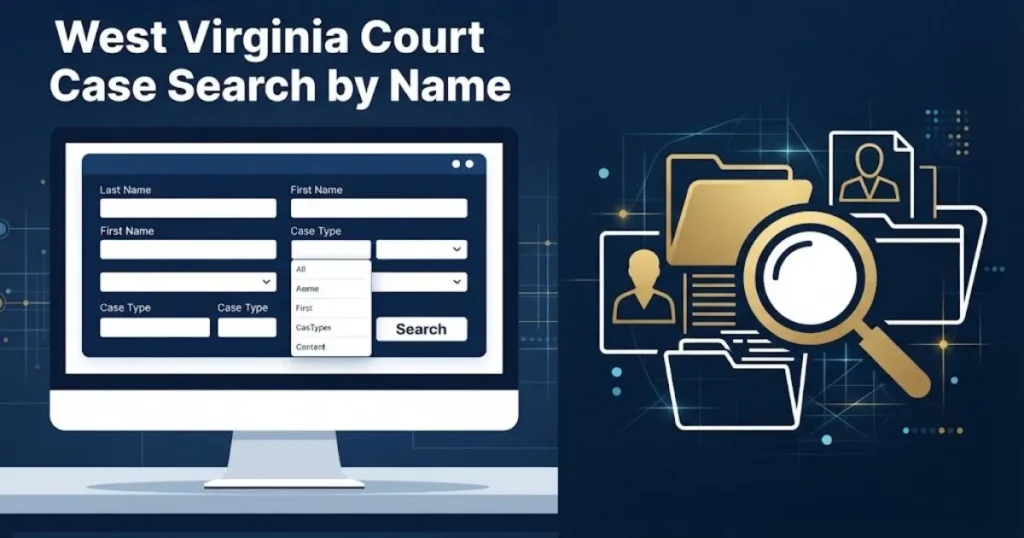 West Virginia court case search by name digital records illustration with search interface