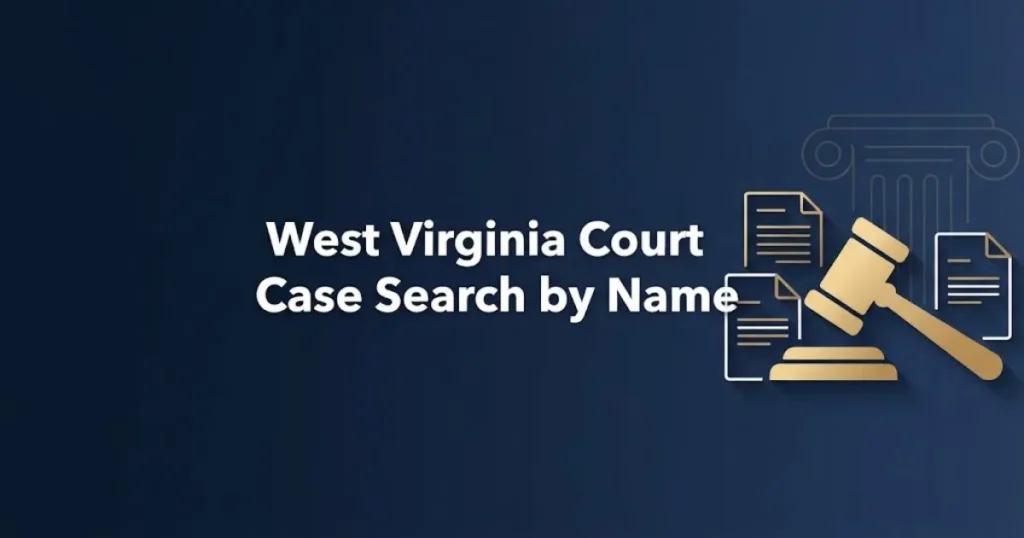 West Virginia court case search by name hero banner with legal icons on navy background