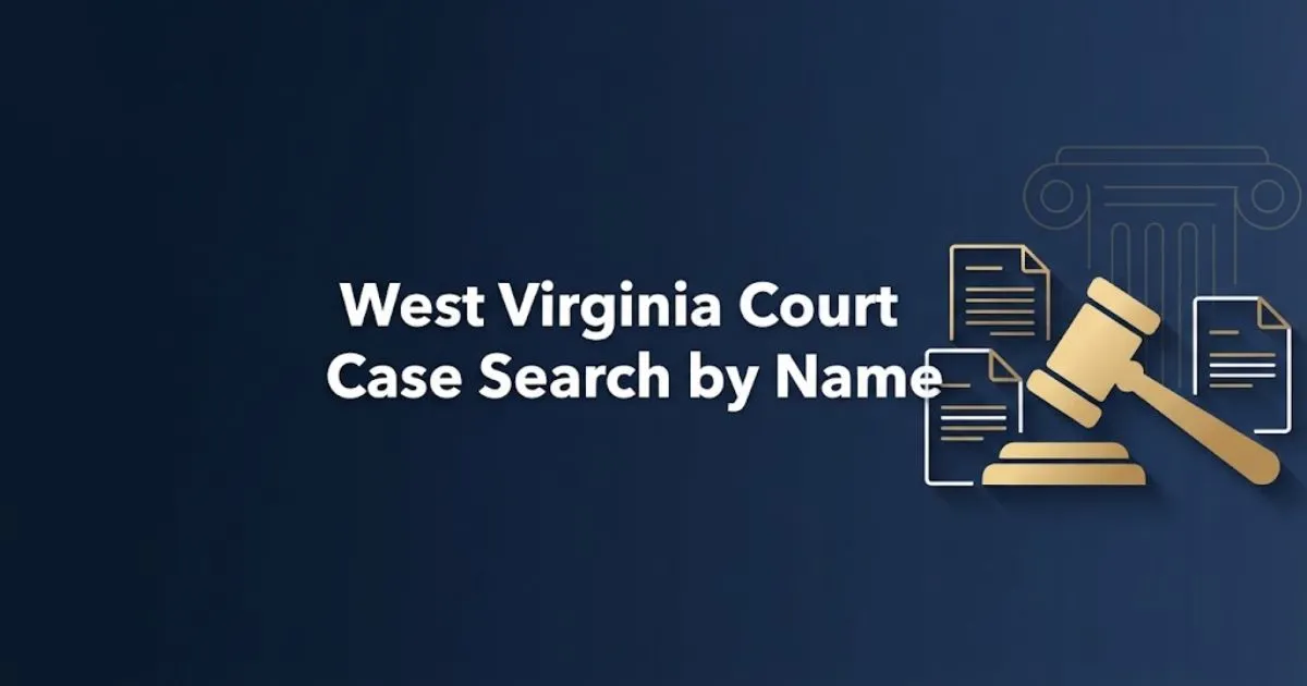 West Virginia court case search by name hero banner with legal icons on navy background