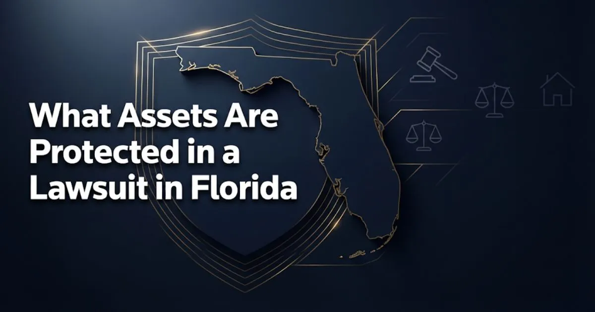 What assets are protected in a lawsuit in Florida shown over a navy and gold Florida state shield graphic