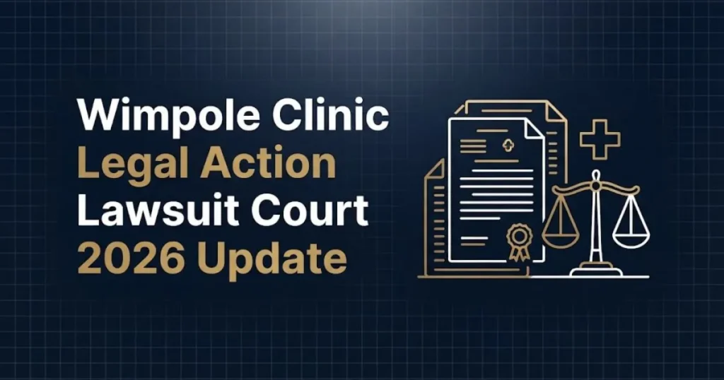 Wimpole Clinic legal action lawsuit court 2026 update graphic with legal documents and balance scale on navy background