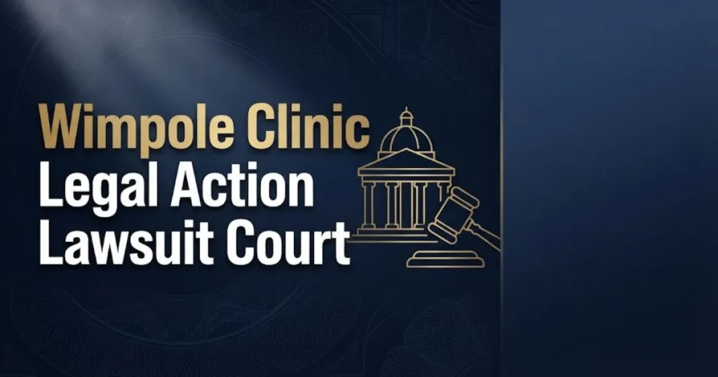 Wimpole Clinic legal action lawsuit court banner with courthouse silhouette and gold typography on navy background