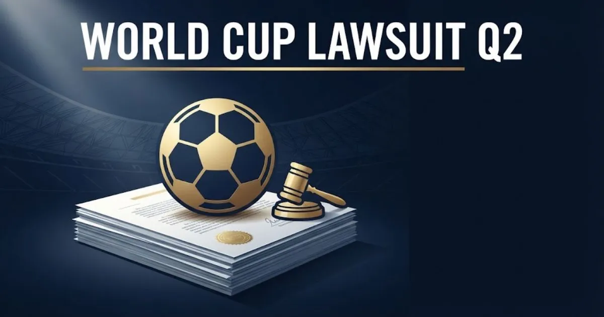 World Cup Lawsuit Q2 hero banner with legal documents and golden soccer ball on navy background