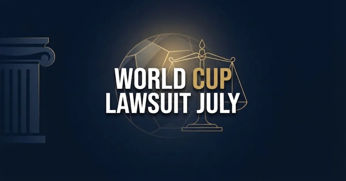World Cup lawsuit July hero banner with legal scales and gold typography on navy background