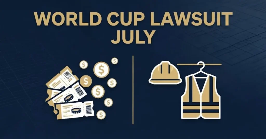 World Cup lawsuit July supporting graphic showing ticket fraud and worker injury claim icons