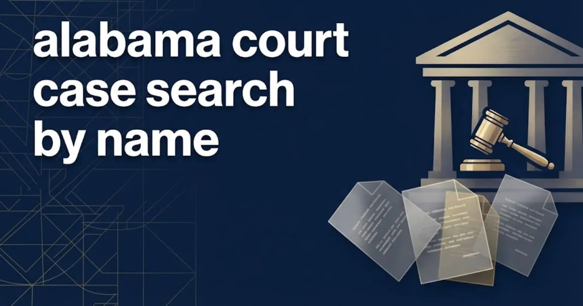 alabama court case search by name hero banner with courthouse silhouette and gold legal icons on navy background