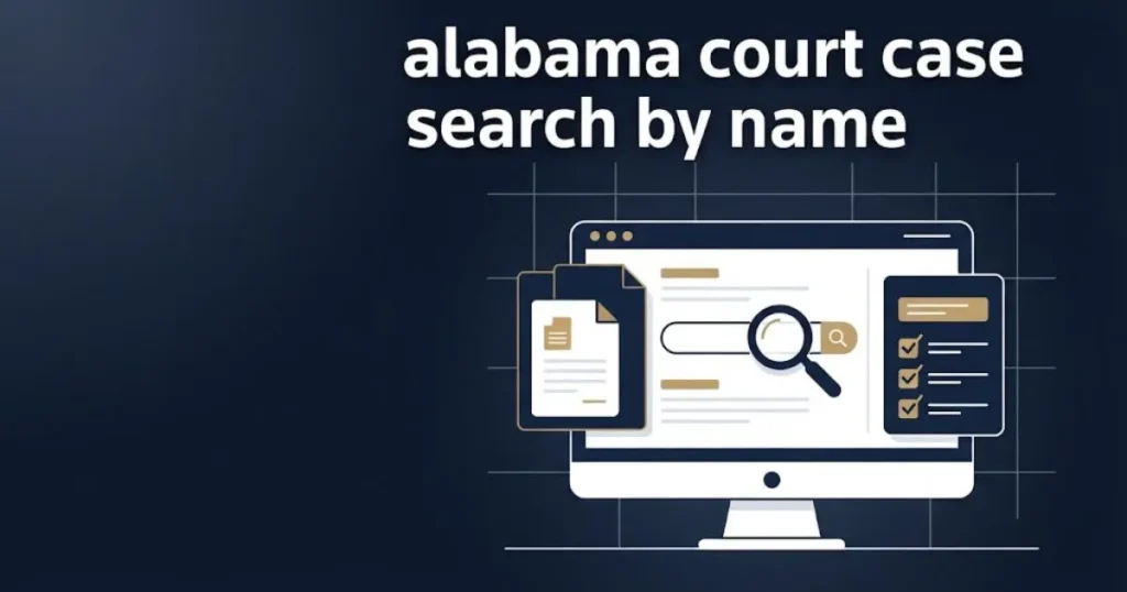 alabama court case search by name supporting graphic showing digital search results and document icons on navy background