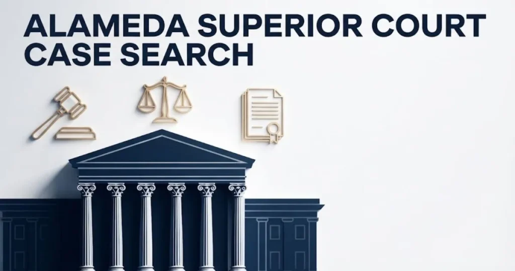 alameda superior court case search hero banner with courthouse silhouette and legal icons in navy and gold