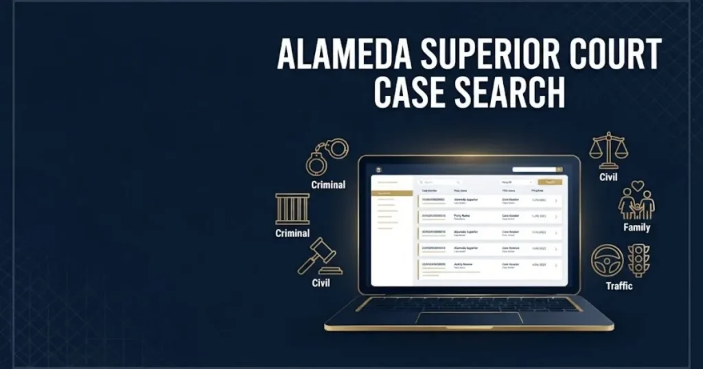 alameda superior court case search supporting graphic with laptop and case file icons in navy and gold