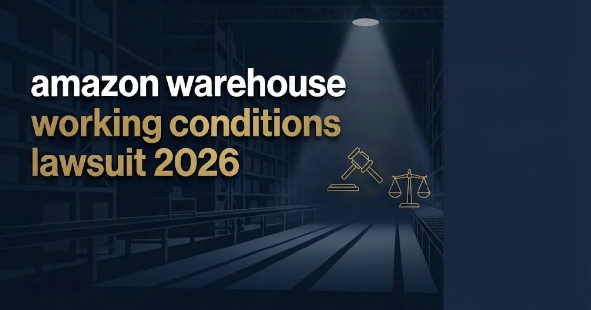 amazon warehouse working conditions lawsuit 2026 hero banner with warehouse silhouette and legal symbols
