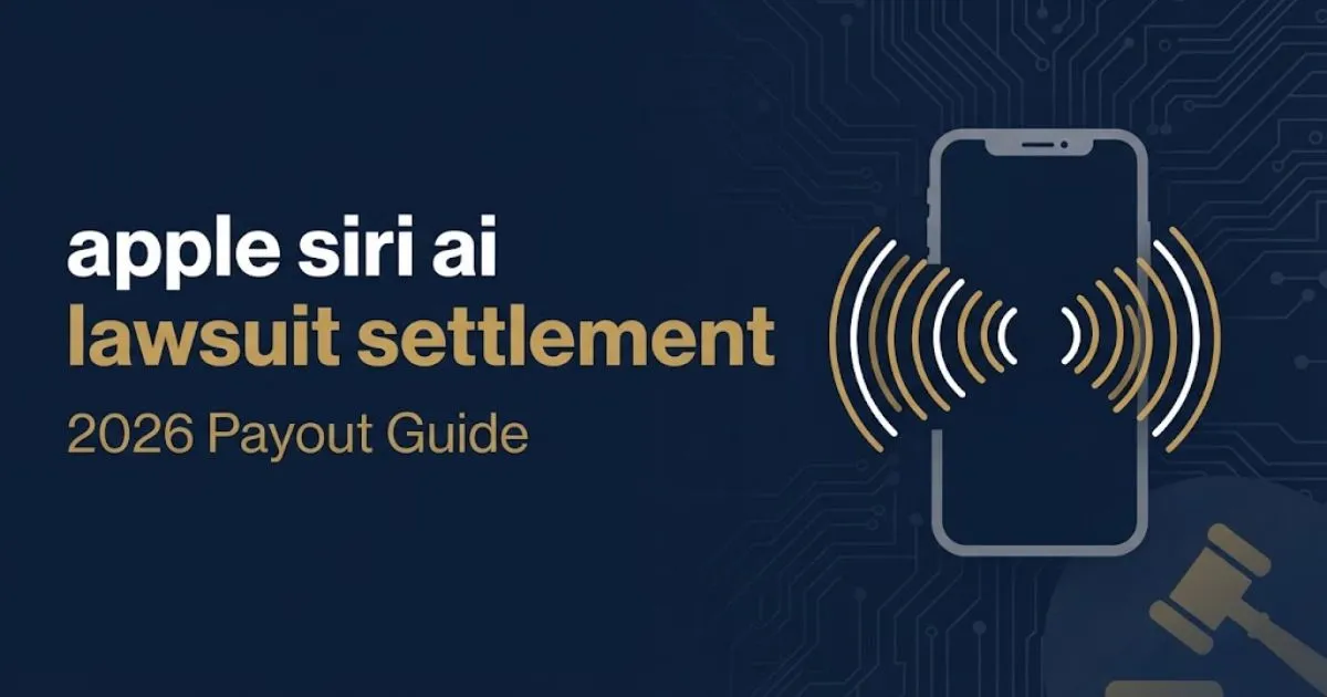 apple siri ai lawsuit settlement hero banner with smartphone voice wave graphics on navy background