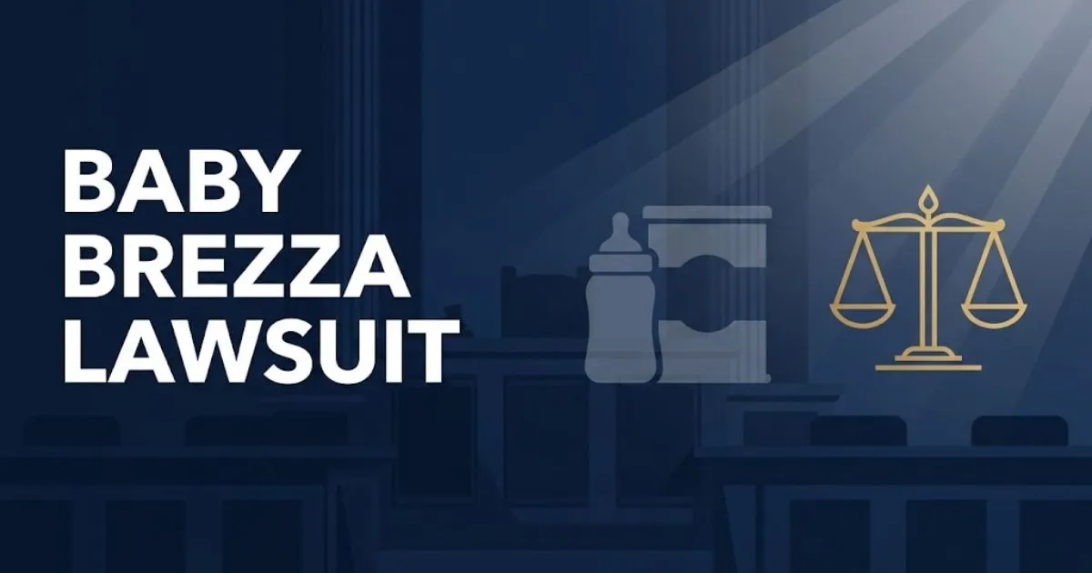 baby brezza lawsuit hero banner with scales of justice and baby bottle silhouette on navy background