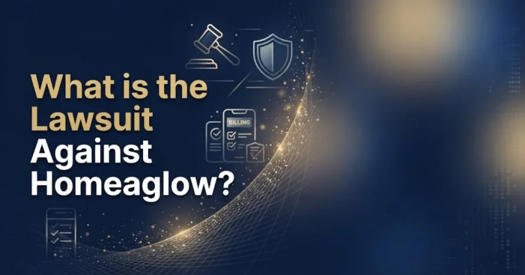 banner about what is the lawsuit against homeaglow featuring abstract legal icons on a navy and gold background.