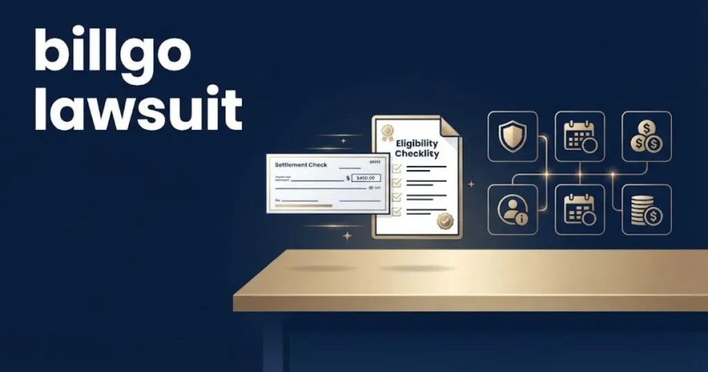 billgo lawsuit settlement and eligibility graphic with checklist and check icons