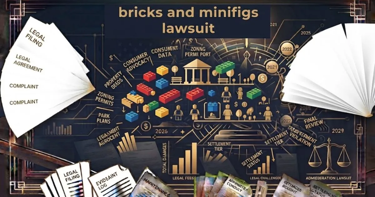 bricks and minifigs lawsuit hero banner with scattered toy bricks and legal gavel on navy background