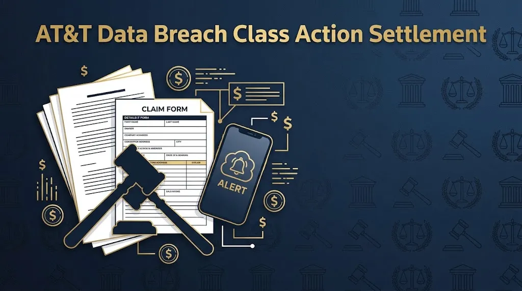 AT&T data breach class action settlement supporting graphic with legal documents and payout symbols on navy background