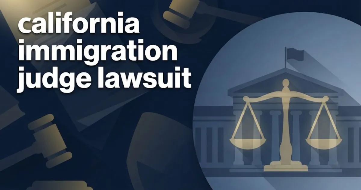 california immigration judge lawsuit hero banner with courthouse silhouette and scales of justice in navy and gold