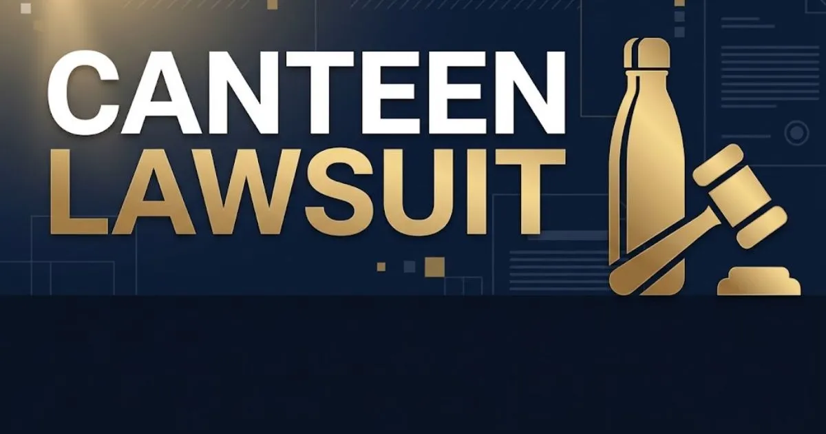 canteen lawsuit hero banner with water bottle silhouette and gavel icon on navy background