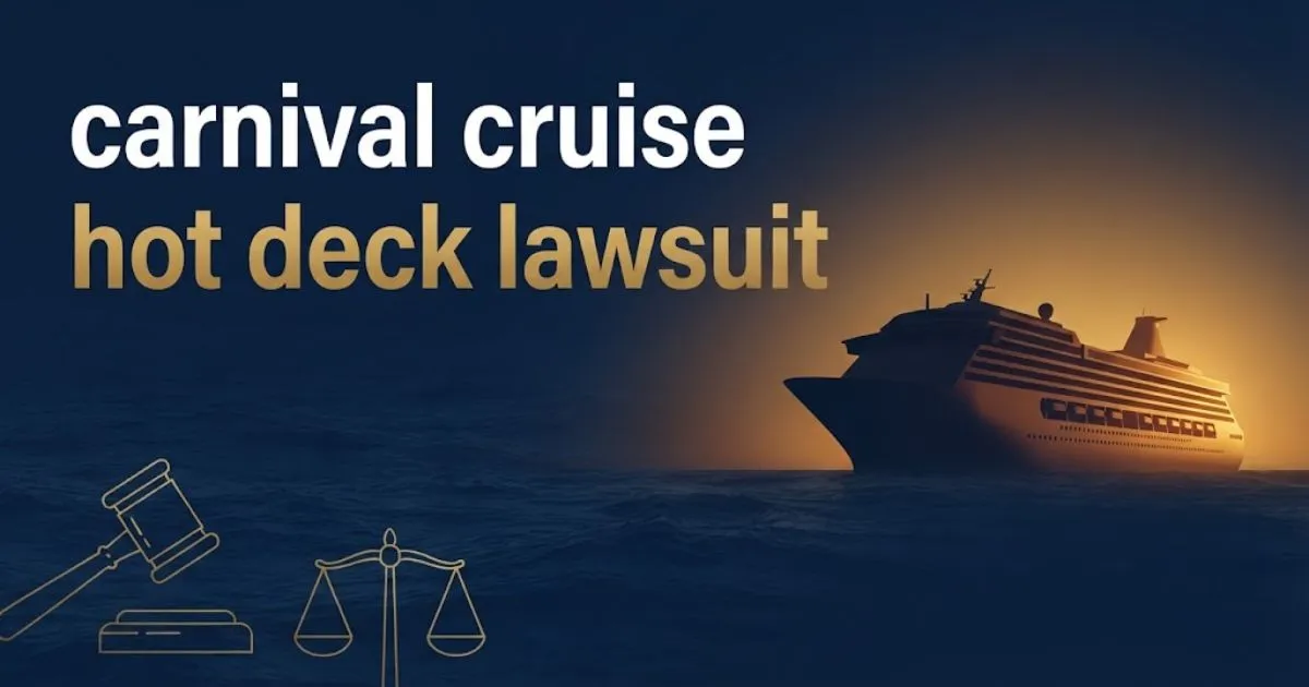 carnival cruise hot deck lawsuit hero banner with cruise ship silhouette and legal symbols on navy background