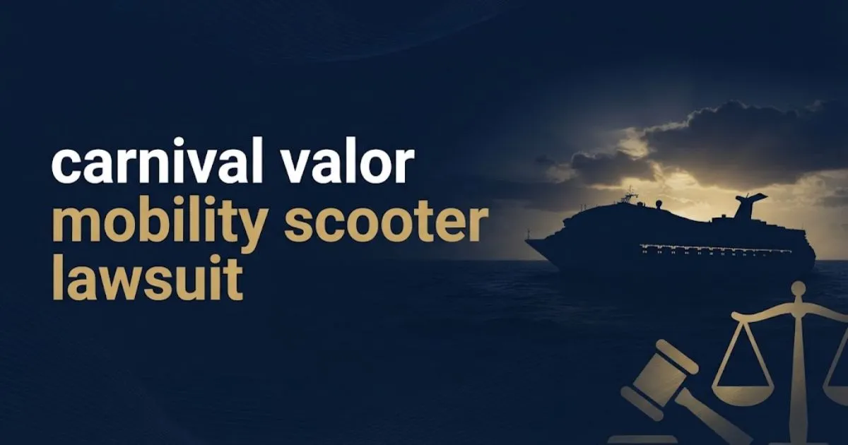 carnival valor mobility scooter lawsuit hero banner with cruise ship silhouette and legal symbols on navy background