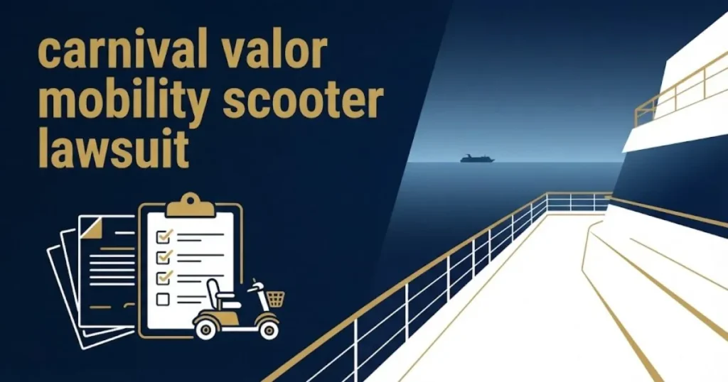 carnival valor mobility scooter lawsuit supporting graphic with legal documents and mobility scooter icon on navy background