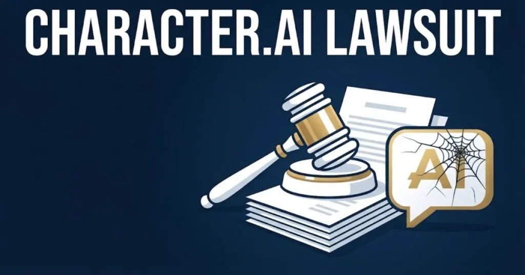 character.ai lawsuit supporting graphic with gavel and AI chatbot icon on navy background