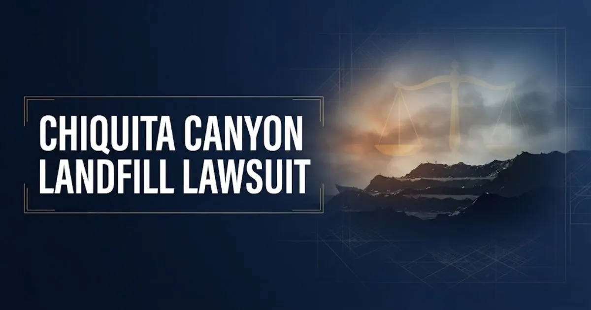 chiquita canyon landfill lawsuit banner with legal scales and landfill silhouette on navy background