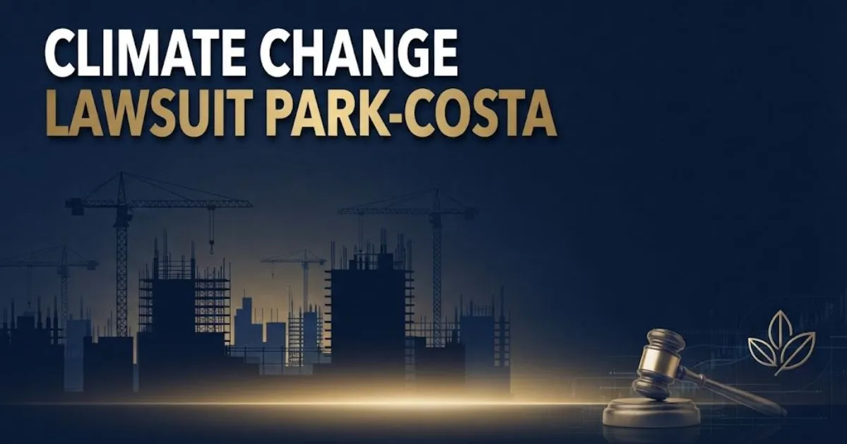 climate change lawsuit park-costa hero banner with construction skyline and legal symbols in navy and gold