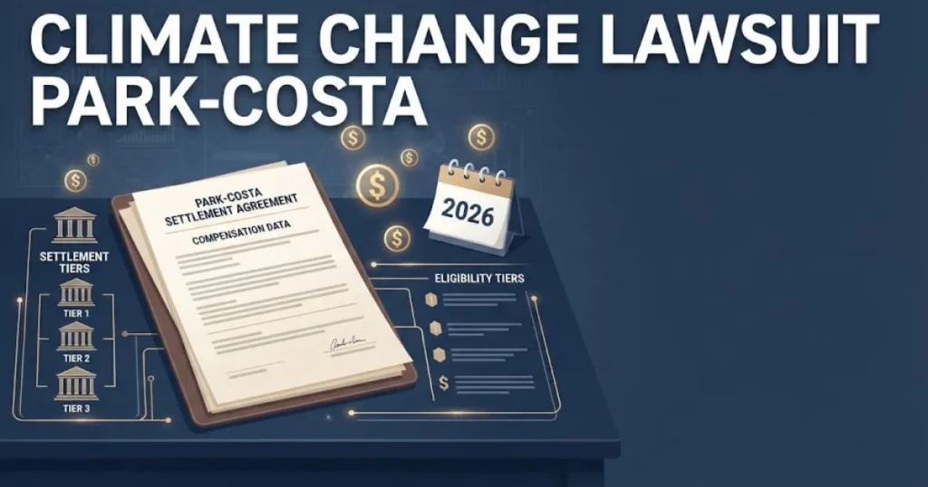 climate change lawsuit park-costa settlement infographic with eligibility and compensation details in navy and gold