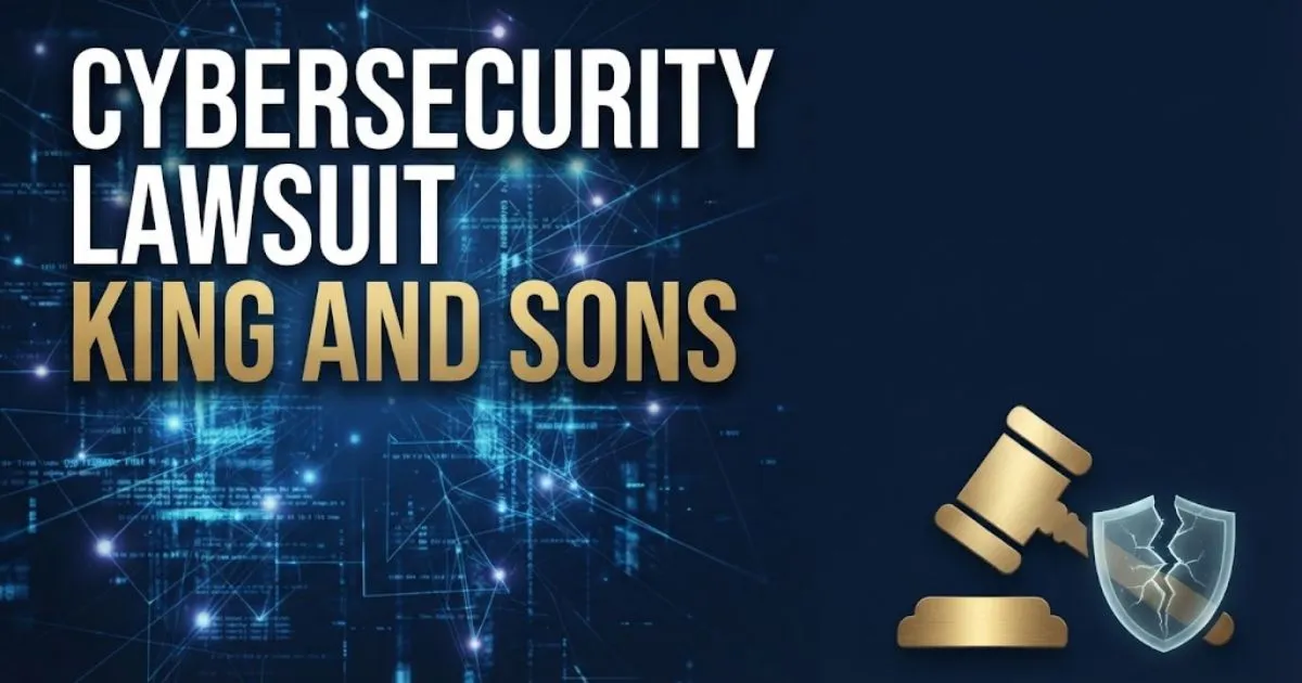 cybersecurity lawsuit king and sons hero banner with digital breach graphics and golden gavel icon on navy background