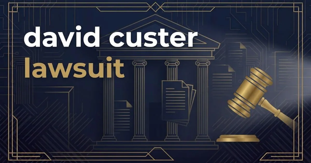 david custer lawsuit hero banner with courthouse silhouette and gold legal typography on navy background