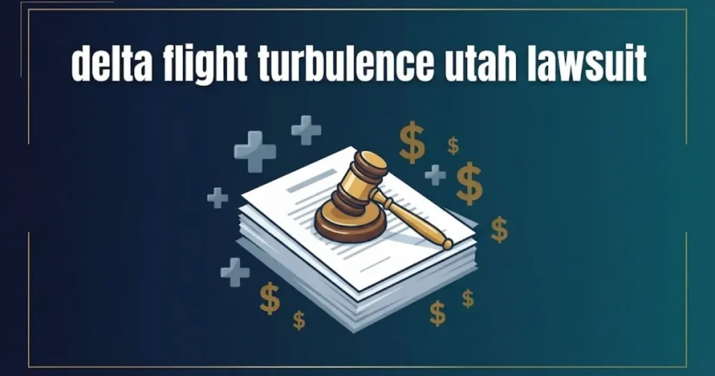 delta flight turbulence utah lawsuit graphic with courtroom documents and settlement symbols