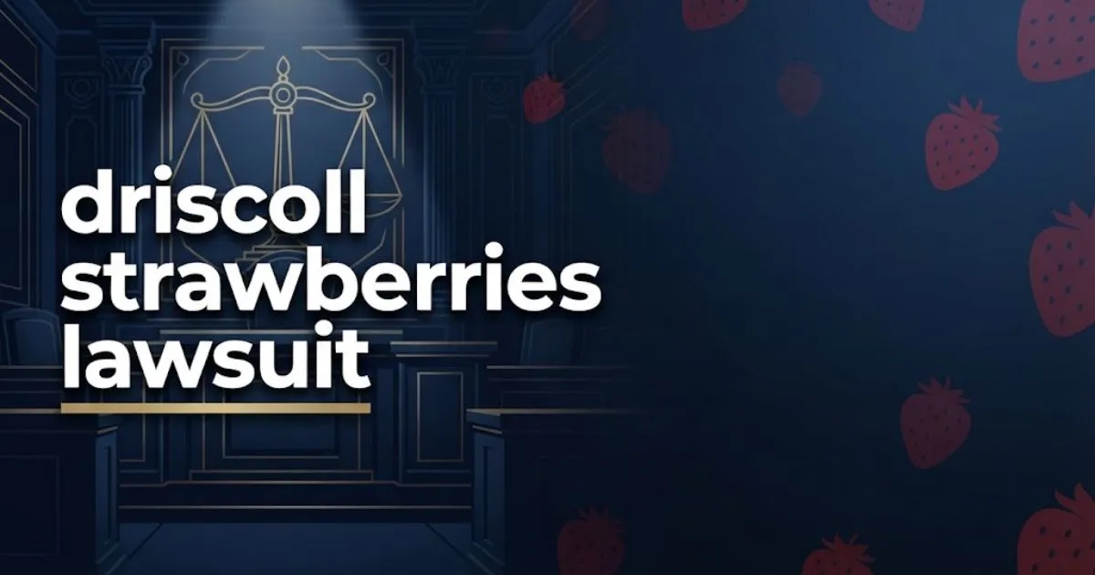 driscoll strawberries lawsuit hero banner with scales of justice and strawberry silhouettes on navy background