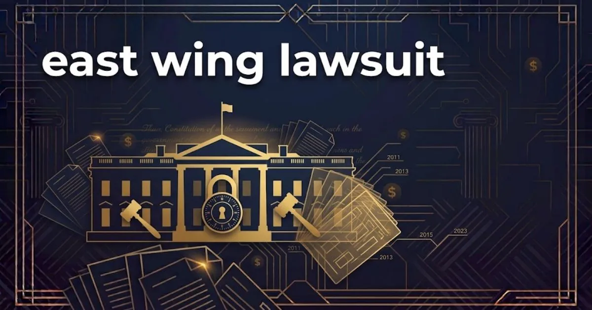 east wing lawsuit hero banner showing White House silhouette with legal theme in navy and gold