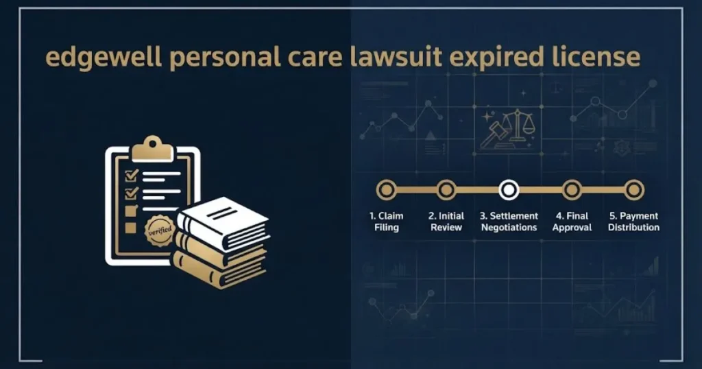 edgewell personal care lawsuit expired license settlement timeline graphic with document and clipboard icons